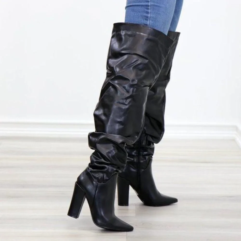 Black Synthetic Leather Thigh High Trendy Boots - Picture 9 of 15
